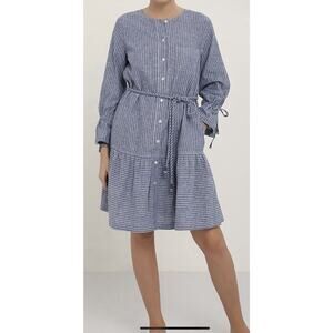 Kopal Womens Day Dress XS Striped Pockets Ruffle Hem Shirt Tie Belt Modest